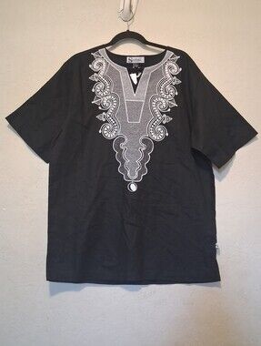 African Shirt Embroidered Dashiki Men Black-White SzL Linen-Cotton Bretheable